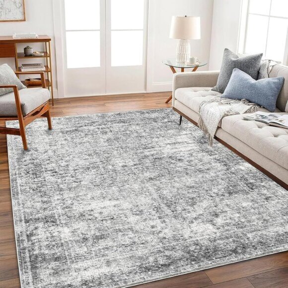 New 6x9 Washable Area Rug, Gray Vintage Non-Slip Thin Carpet for Living Room
